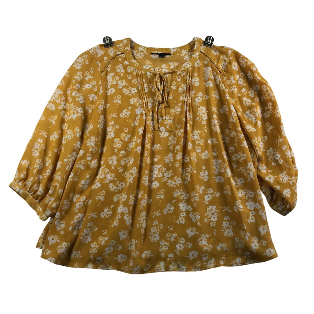 Zac & Rachel Woman 3X Mustard Yellow Floral Tie Neck Pintuck Blouse 3/4 Sleeve